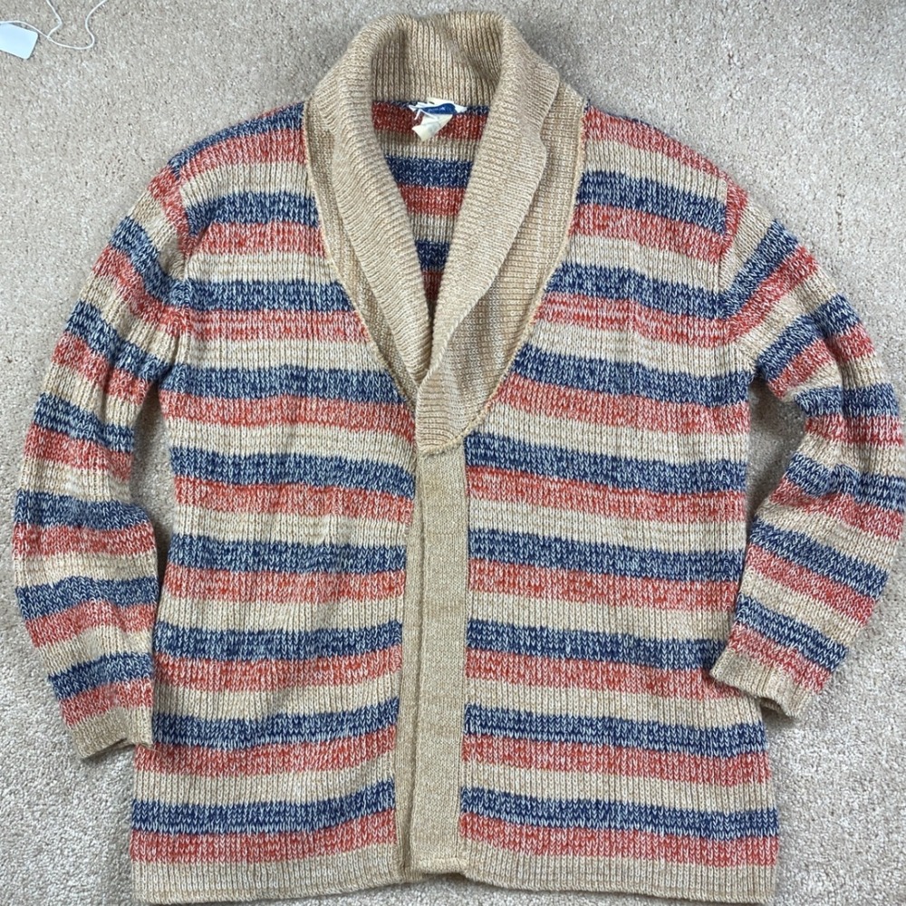 Vintage Sears Striped Shawl Collar Cardigan Sweater Tan Blue Orange Size 36